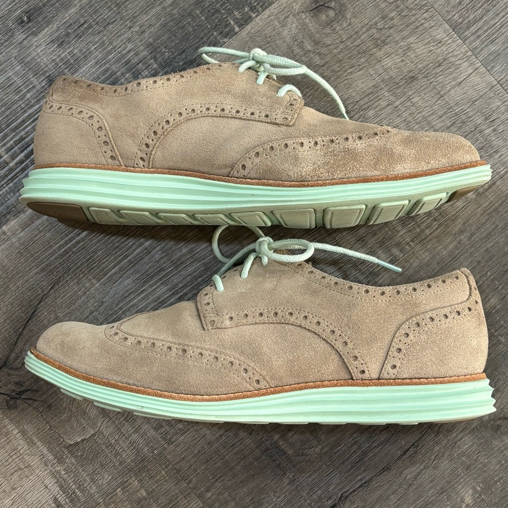 Cole Haan LunarGrand Wingtip Oxfords - Beige Suede, Mint Green Sole/Laces, 8.5B
